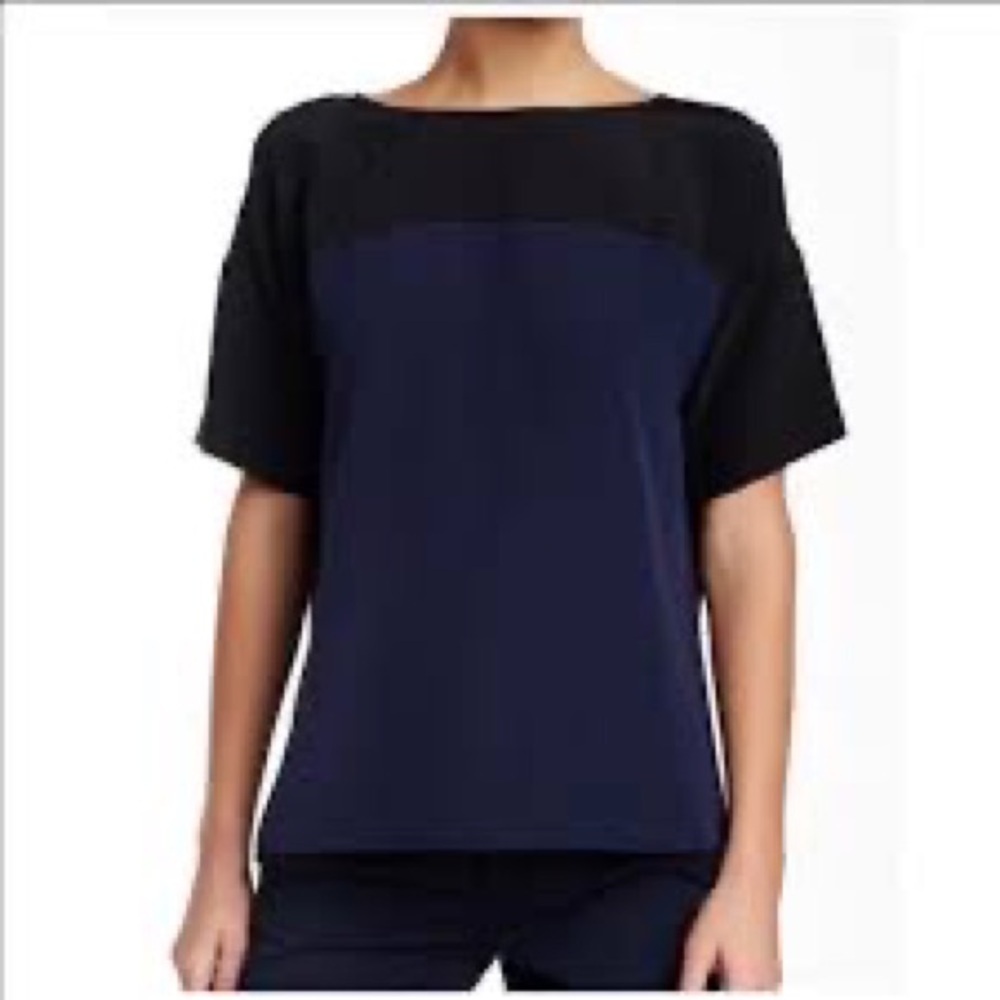 Vince Blue and Black Colorblock Silk Short Sleeve Blouse Size XXS